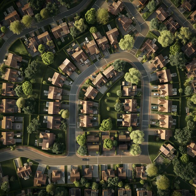 Vue aérienne d'un quartier suburbain paisible au crépuscule