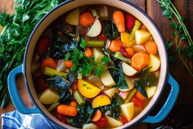 Vue aérienne d'un ragoût de légumes colorés dans un bol créé avec une IA générative