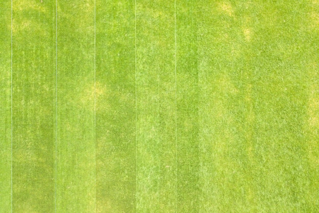 Vue aérienne rapprochée de la surface de l'herbe verte fraîchement coupée sur le stade de football en été.