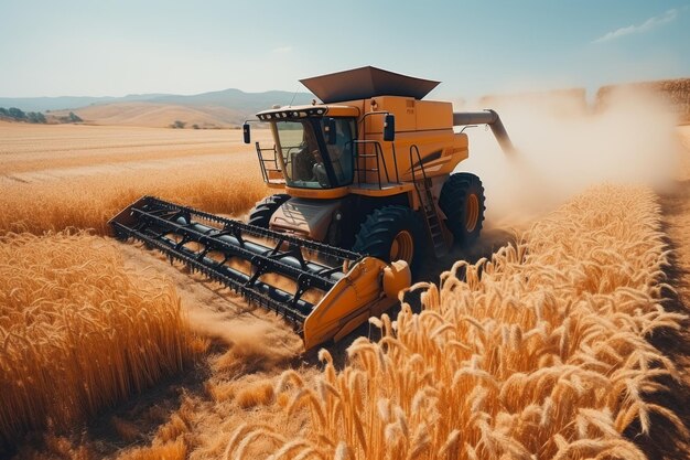 Vue aérienne de la récolte par tracteur dans les champs d'été.