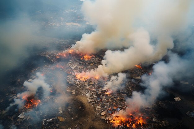 Une vue aérienne révèle l'enfer de la décharge, une grave crise environnementale au milieu des déchets.