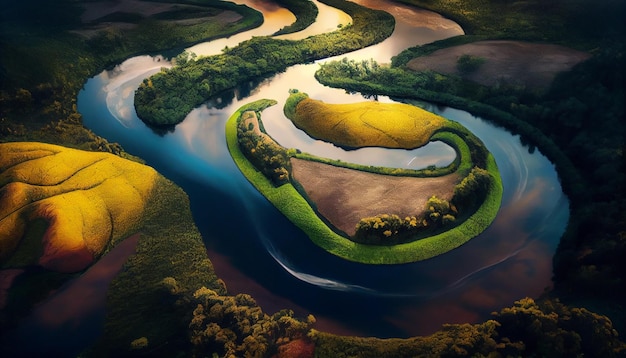 Vue aérienne de la rivière au milieu de la forêtgénérative ai