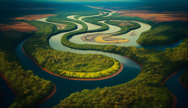 Vue aérienne de la rivière au milieu de la forêtgénérative ai