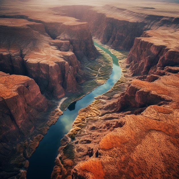 Vue aérienne d'une rivière qui traverse un canyon dans le désert ai génératif