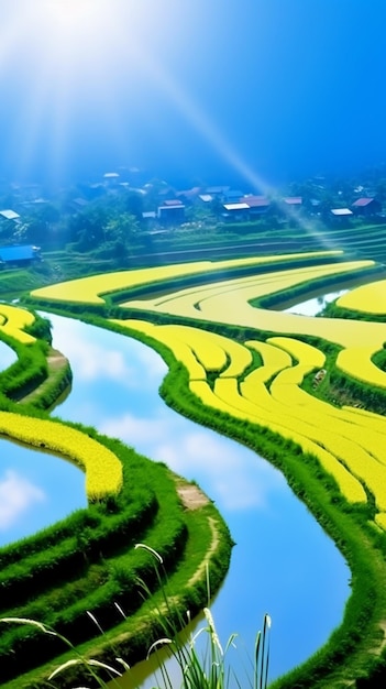 Vue aérienne d'une rivière qui traverse un champ vert luxuriant ai générative