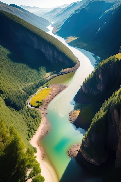 Vue aérienne d'une rivière et des rochers environnants