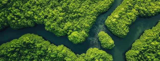 Vue aérienne d'une rivière serpentine à travers une forêt luxuriante