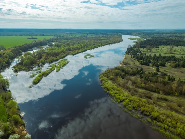 Vue aérienne de la rivière sinueuse et des champs en fleurs La rivière coule le long des champs agricoles et des forêts Un drone survole les champs, les forêts et les rivières Paysage naturel