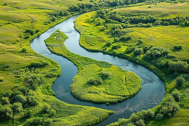 Vue aérienne d'une rivière sinueuse à travers des champs verts