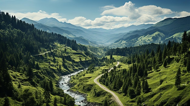 Vue aérienne d'une route au milieu de la courbe de la route forestière verte jusqu'à la montagne Voyage avec le concept de voiture