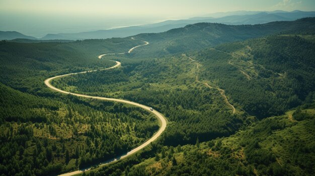 Vue aérienne d'une route au milieu de la forêt