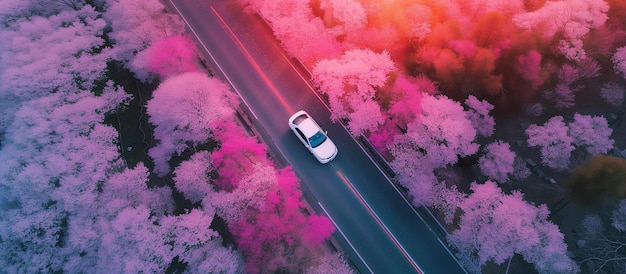 Vue aérienne de la route dans une belle forêt de fleurs au coucher du soleil au printemps Paysage coloré avec une voiture sur la route Vue d'en haut Voyage