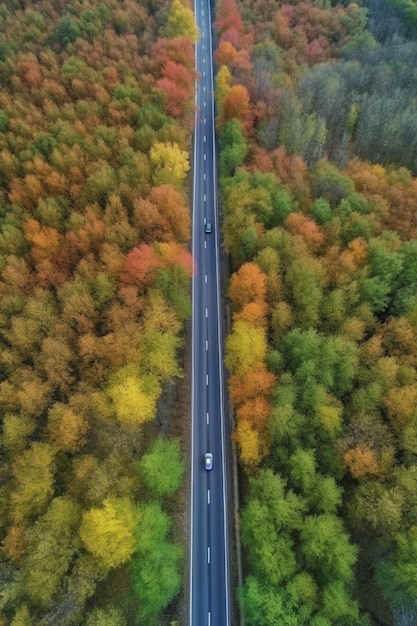 Vue aérienne d'une route dans la forêt d'automne.