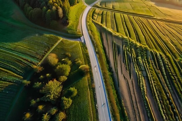 Vue aérienne de la route dans les prairies vertes un jour d'été ensoleillé