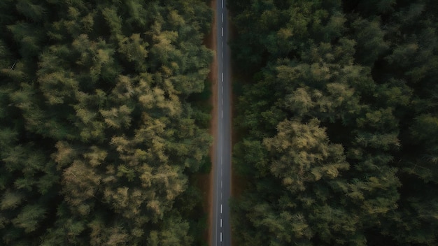 Photo vue aérienne d'une route étroite dans une forêt dans une forêts de puddletown dans le dorset, au royaume-uni