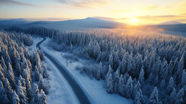 Vue aérienne de la route de montagne enneigée dans la forêt d'hiver au lever du soleil