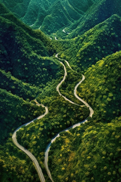 Vue aérienne d'une route de montagne sinueuse créée avec une IA générative