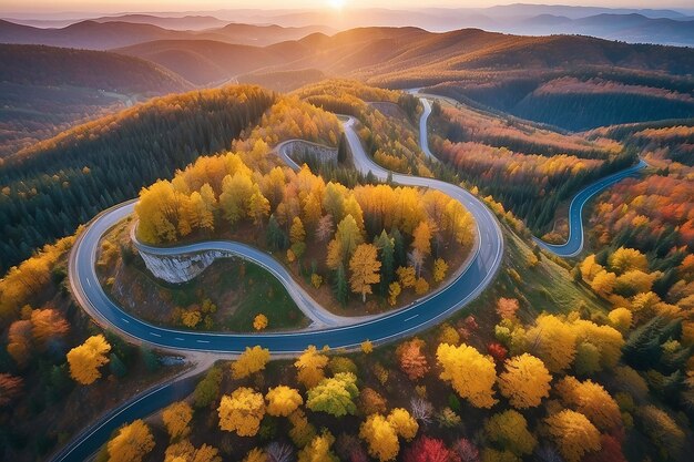 Photo vue aérienne de la route sinueuse et des arbres colorés au coucher du soleil en automne vue supérieure de la route de montagne dans les bois joli paysage avec route prairie herbe verte arbres avec feuilles jaunes en automne voyage
