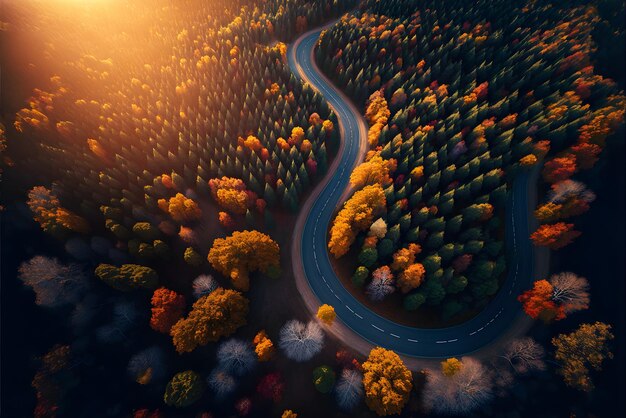 Photo vue aérienne d'une route sinueuse dans une belle forêt d'automne
