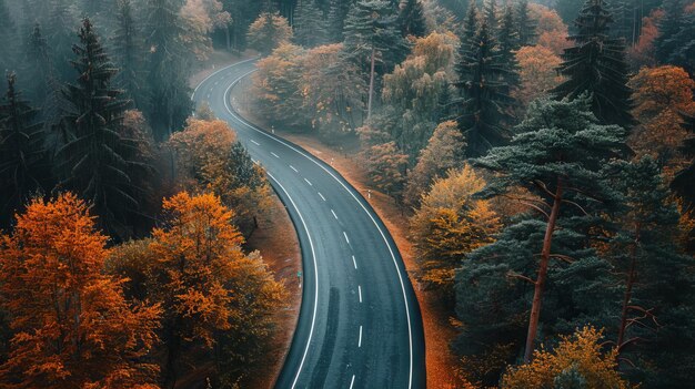 Photo vue aérienne d'une route sinueuse dans la forêt