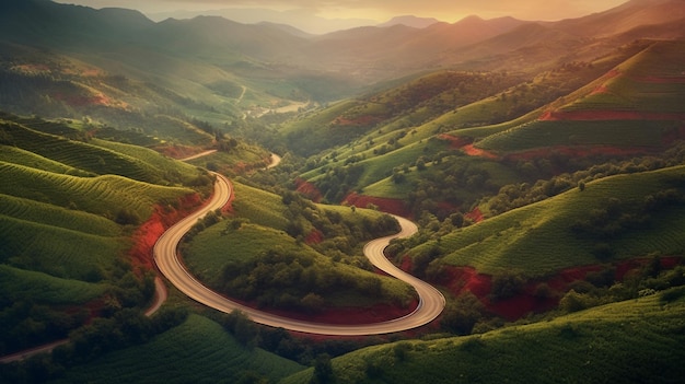 Vue aérienne d'une route sinueuse dans une vallée avec des montagnes en arrière-plan ai générative