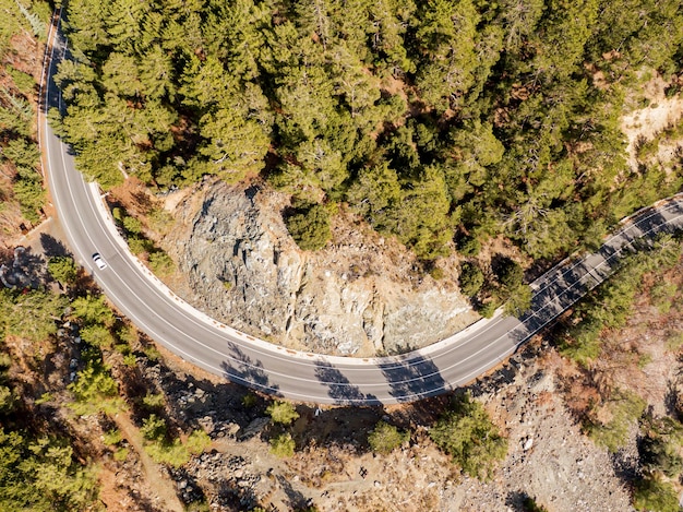 Une vue aérienne d'une route sinueuse à travers une forêt de pins