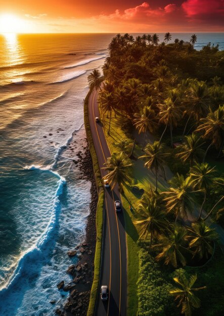 Vue aérienne sur la route avec une voiture rouge avec coucher de soleil sur la mer et les palmiers Concept de voyage d'été Fond d'écran