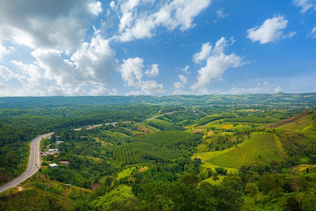 vue aérienne des routes et des montagnes vue de la route courbe à travers la forêt verte et la montagne rurale