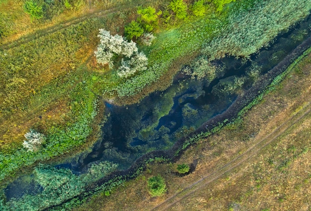 Vue aérienne sur le ruisseau de la rivière. Journée d'été nuageuse.