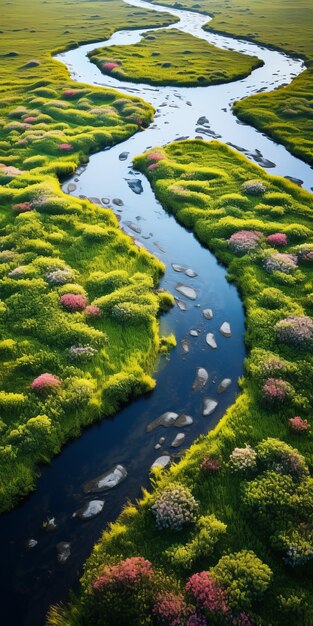 Vue aérienne d'un ruisseau serein coulant à travers des champs de fleurs