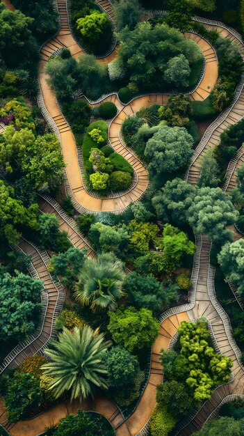 Vue aérienne des sentiers des jardins serpentins au milieu d'une verdure luxuriante