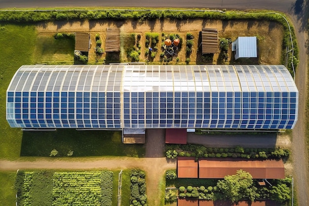 Vue aérienne de serres avec panneaux solaires