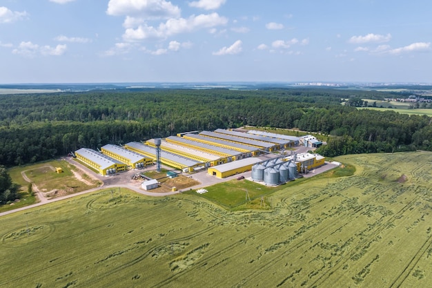 Vue aérienne sur les silos et le complexe d'élevage agro-industriel sur l'agro-industrie et l'usine de fabrication avec des rangées de poulets élévateurs à grains modernes de poulailler