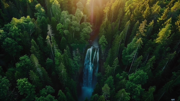 Photo vue aérienne spectaculaire d'une cascade cachée dans la forêt