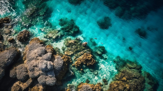 Une vue aérienne spectaculaire mettant en valeur la beauté complexe d'un récif corallien dans un magnifique paradis tropical