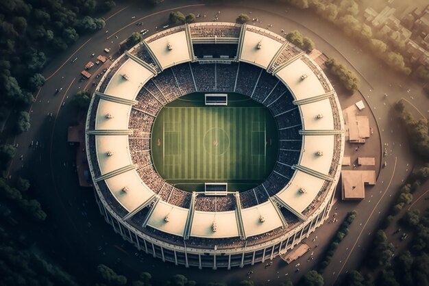 Une vue aérienne d'un stade avec beaucoup de monde à l'intérieur.