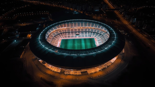 Vue aérienne d'un stade de football moderne avec une foule bondée et des lumières lumineuses du stade