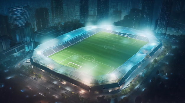 Vue aérienne d'un stade de football la nuit AI générative