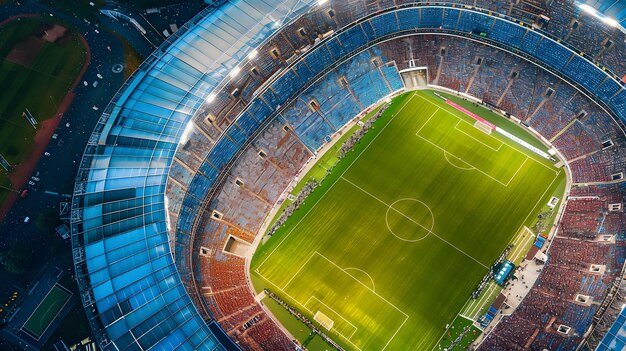 Vue aérienne d'un stade de football avec un terrain de football au milieu