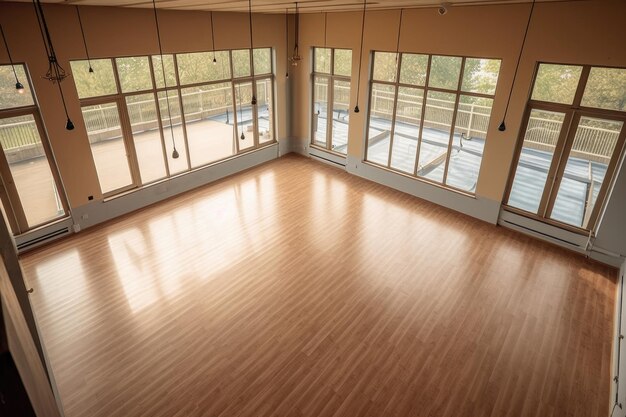 Vue aérienne d'un studio de yoga vide avec des planchers en bois créés avec de l'AI générative