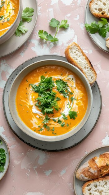 Vue aérienne d'une table avec des bols remplis de soupe de légumes jaunes et de tranches de pain