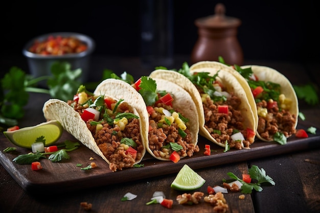 Photo vue aérienne de tacos mexicains au bœuf avec des légumes et de la sauce tomate sur un vieux fond en bois