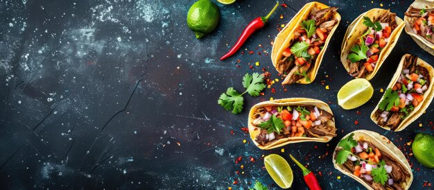 Photo vue aérienne des tacos mexicains de la rue al pastor avec de l'espace pour le texte