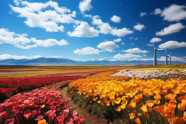 Vue aérienne de tapis coloré d'un champ de tulipes vibrant