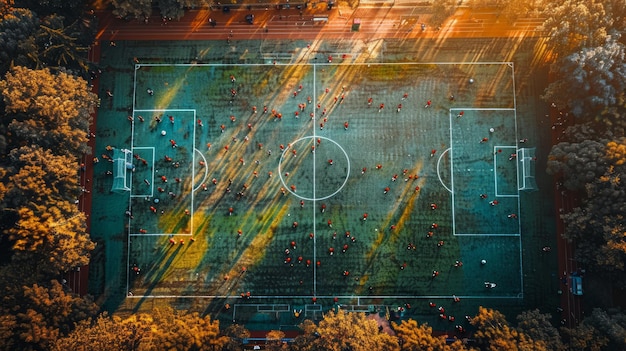Vue aérienne d'un terrain de football entouré d'arbres