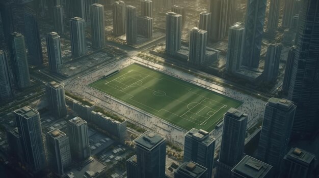 Photo une vue aérienne d'un terrain de football avec un paysage urbain en arrière-plan.