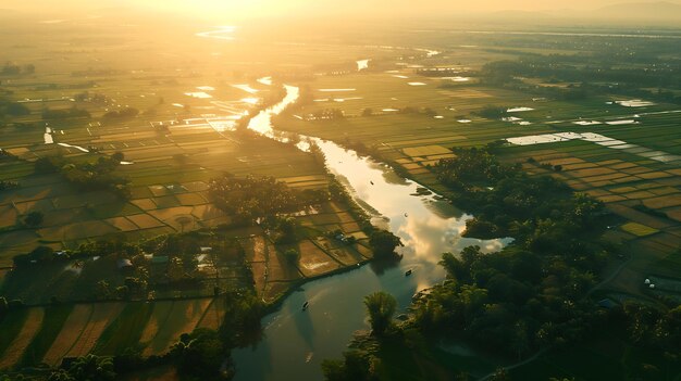 Photo vue aérienne des terres agricoles avec des rizières irriguées nakhon luang province d'ayutthay ia générative