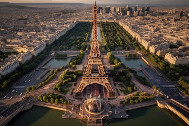 Photo vue aérienne de la tour eiffel à paris, france vue aériene de la tour eiffel générée par l'ia