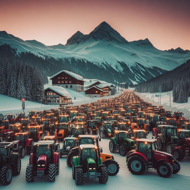 Vue aérienne d'un tracteur de fermiers activistes qui atteignent Davos, en Suisse, pour protester contre l'interdiction de l'agriculture.