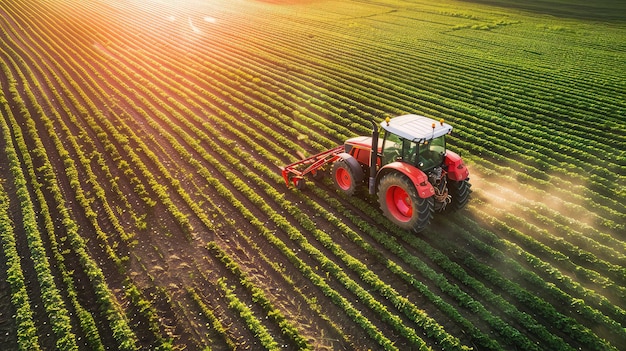 Vue aérienne d'un tracteur fertilisant un champ cultivé